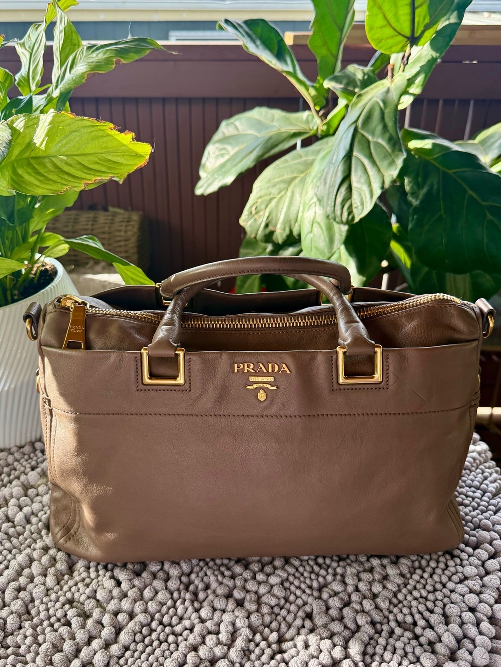 Prada Taupe Brown Leather Briefcase with Gold Hardware